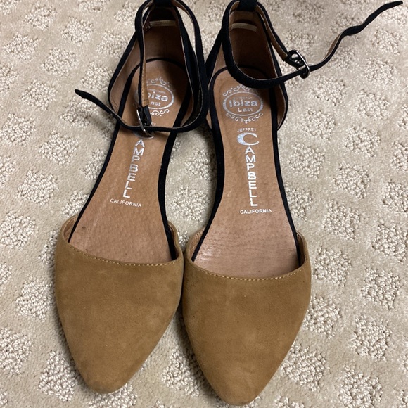 Suede black and beige flats . Size 6 . Ankle strap. - Picture 3 of 6